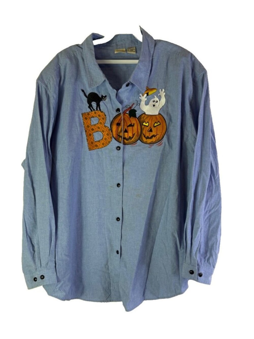 Vintage 90s Halloween Button Shirt Top Boo Ghosts Pumpkins Embroider